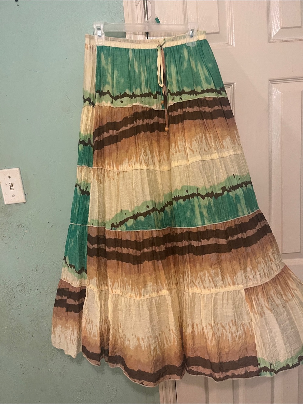 Tiered Maxi Skirt in Teal, Cream, and Brown